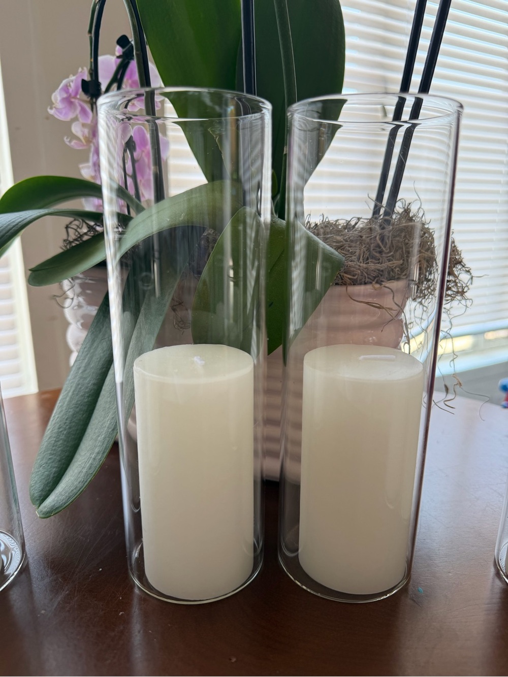 Clear Glass Hurricane Candle Holders with White Pillar Candles - Picture 2 of 4